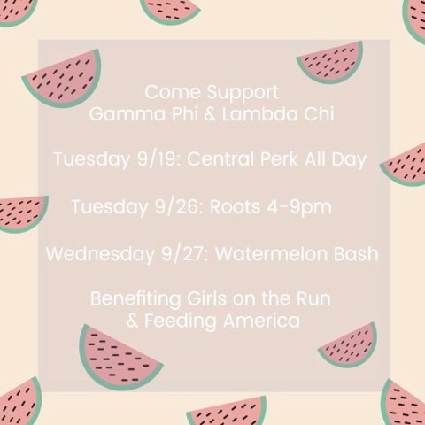 BlueHenEGrady's tweet photo. Find @UDgammaphibeta in Trabant tomorrow from 12:30-2:30pm (Iโll be there at 1:30!) + hit up @UDroots on Tues! #WatermelonBash ๐ https://t.co/uxhYbIE3HI