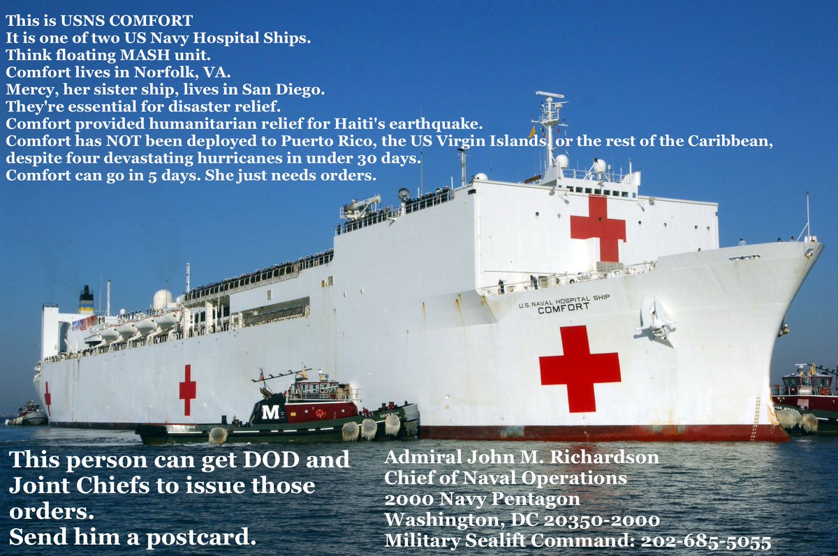 GetWisdomDude's tweet photo. Puerto Rico Faces Catastrophic Ruin.
US Comfort Is Ready &amp; Able To Assist.

Call The Admiral 202-685-5055
Send Help
https://t.co/psVjg3xIo3
