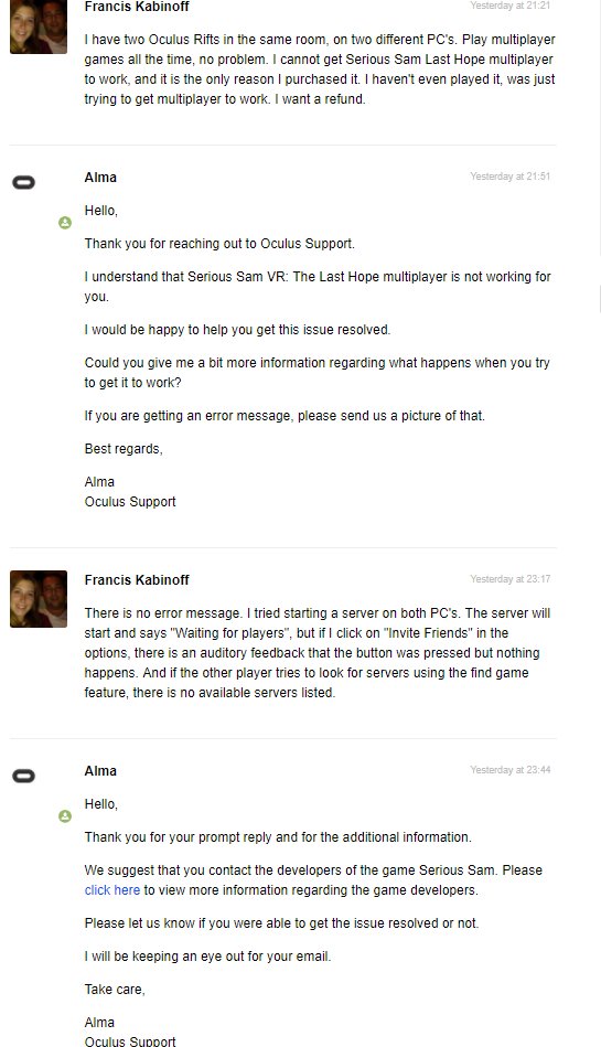 redhotbillygoat's tweet photo. Asked @OculusRift for refund for game I played for 10 minutes b/c mp is broken. They denied it. @steam_games refunds 2 hours. #oculus #sucks https://t.co/OsmBy0RgXj