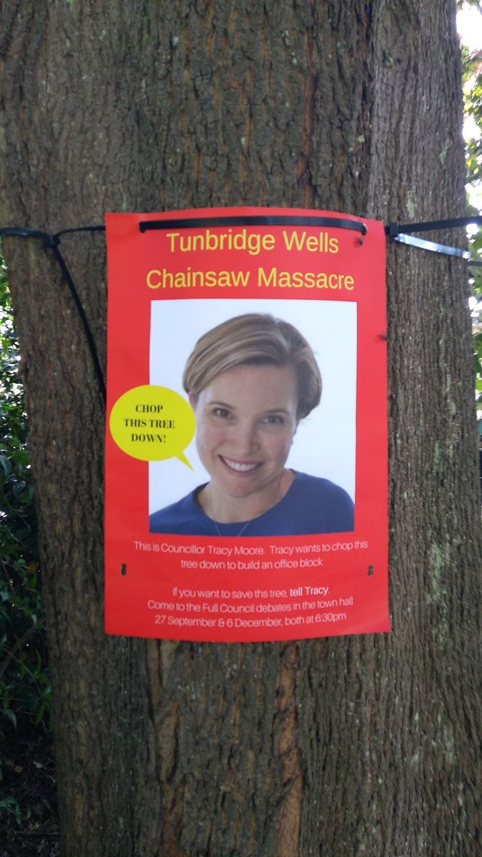 FoCGTunWells's tweet photo. I don't know how many trees had posters like these on them, but it does highlight trees will be cut down for the Civic Centre.

66 trees. https://t.co/iGGQMl41Mn