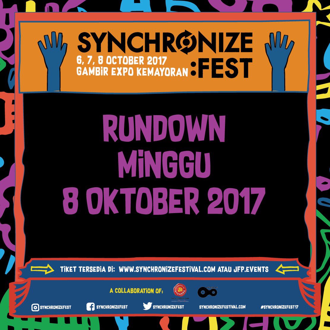 Dapatkan rundown terbaru kami hanya di Instagram <a href="/SynchronizeFest/">Synchronize Festival</a>. Yuk segera temukan musisi favoritmu! #SynchronizeFest17