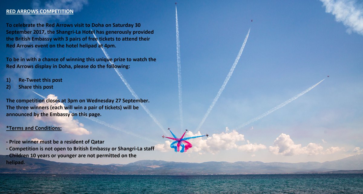 ukinqatar's tweet photo. Would you like to watch @rafredarrows display from @ShangriLa_Doha helipad? Enter this competition to win free tickets #RedArrowsInQatar https://t.co/JrFHpzYYGk