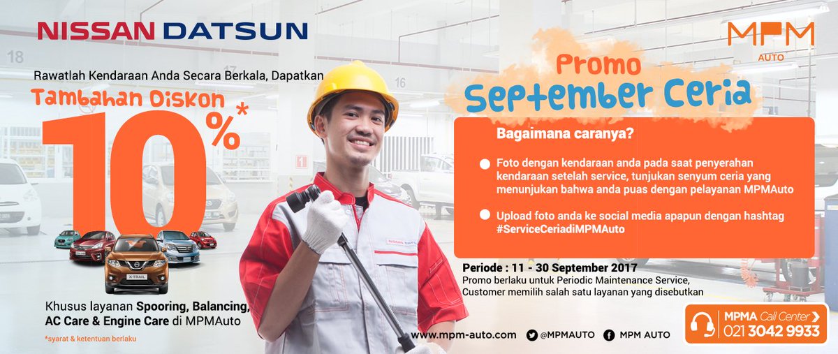 Rawat kendaraanmu secara berkala, dapatkan tambahan diskon servis 10% ! Hanya sampai 30 September 2017 lho promo nya!