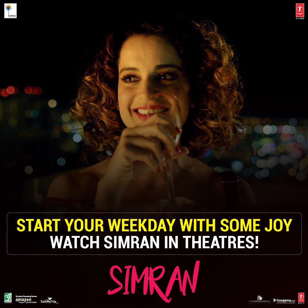 No more #MondayBlues! Kickstart your weekdays by watching #Simran in theatres. Book tickets here : bit.ly/Simran_BookTix…