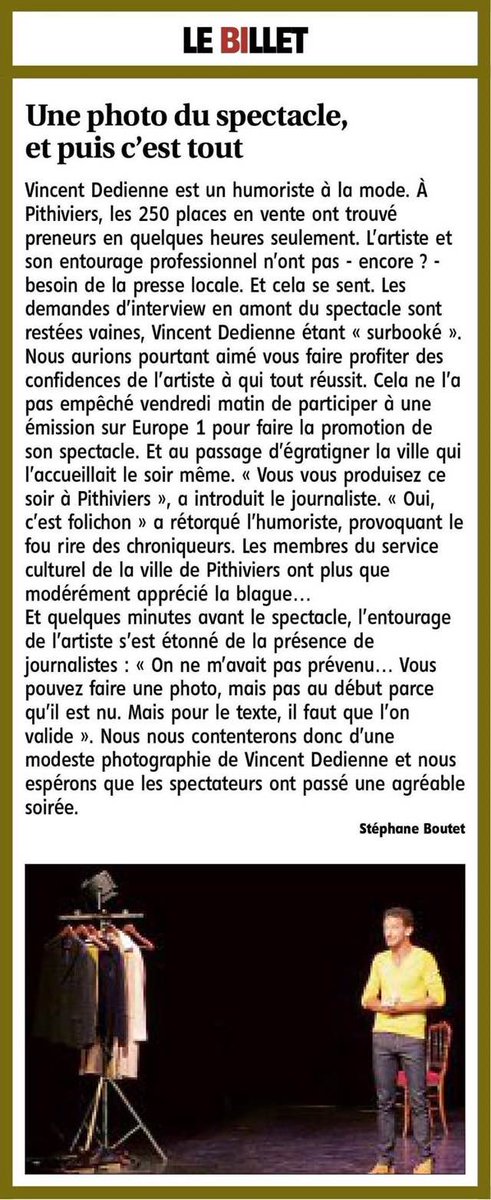 ErwanRousseau's tweet photo. 👏La province méprisée par les artistes ? Quand le journal régional @larep_fr est snobé par @VincentDedienne, il le dit... (billet @StBoutet) https://t.co/DRxu4KDS0A