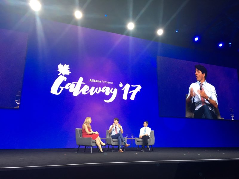 AlibabaGroup's tweet photo. Jack Ma, @JustinTrudeau and @MicheleRomanow at the #Gateway17 fireside chat. Live here: https://t.co/m6PcUm0Ow5 https://t.co/KXxJ6GTfUX