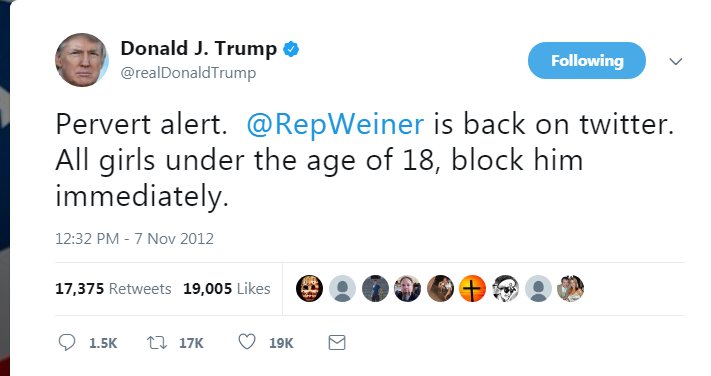 AynRiedel98's tweet photo. Remember when @realDonaldTrump posted this tweet  about Anthony Weiner 5 YEARS ago!!! 
Trump was right (again)! 
#AnthoneWeiner https://t.co/mJhjCl1oU2