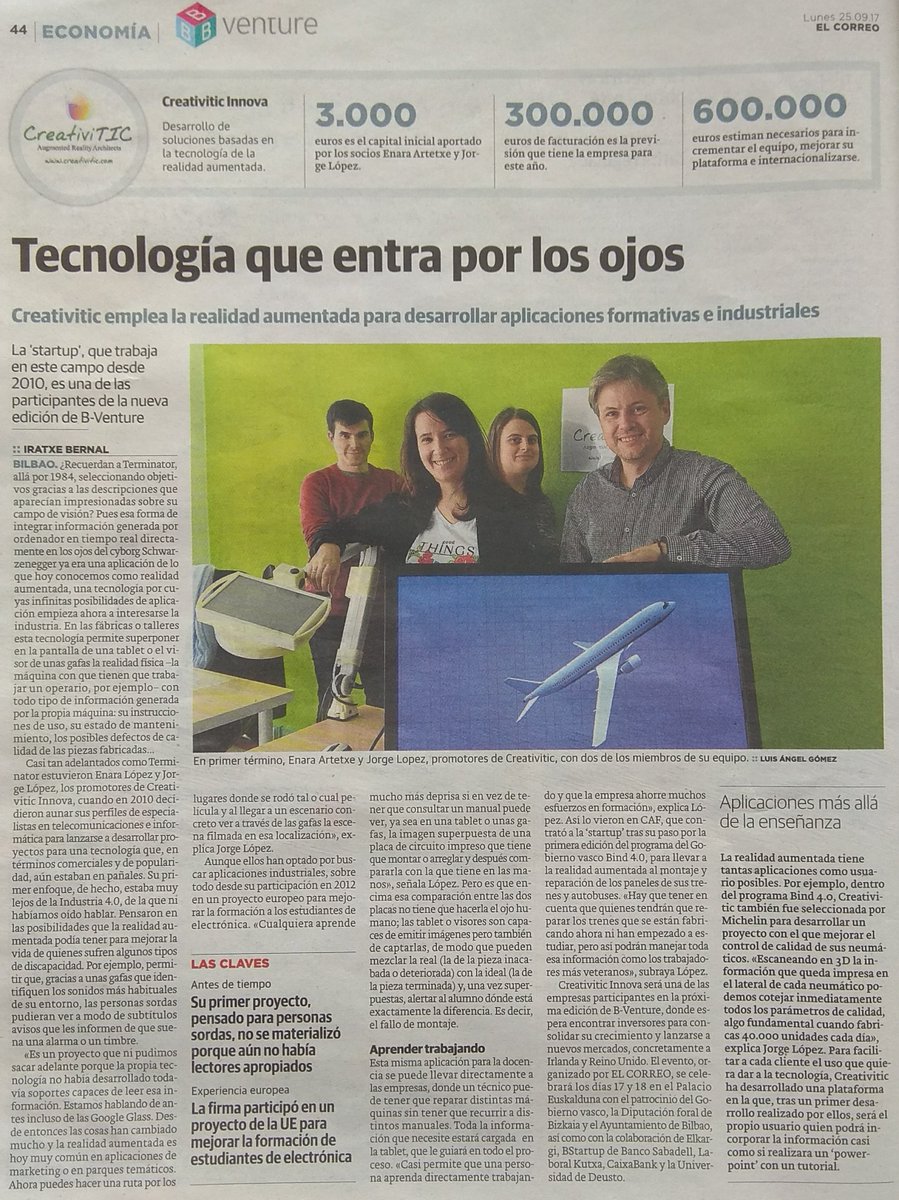 CreativiTIC's tweet photo. Reportaje en @elcorreo_com sobre @CreativiTIC que repasa nuestro 
recorrido y próxima participación en @BVentureBilbao :) #RealidadAumentada https://t.co/VXrqddKHfr