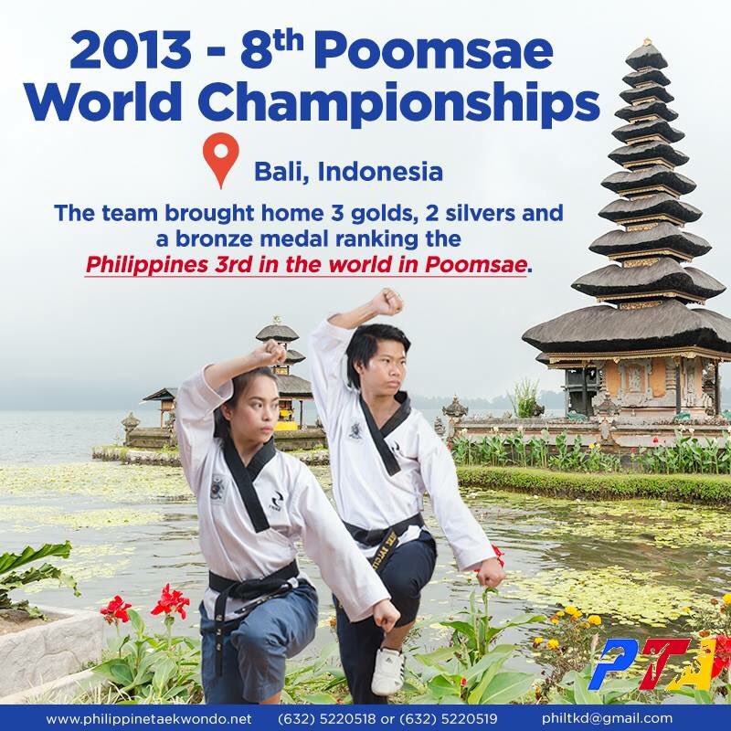TaekwondoPH's tweet photo. 2013 - 8th World Poomsae Championship in Bali, Indonesia. The team brought home 3 golds, 2 silvers and a bronze medal. #tkdPH #taekwondoPH https://t.co/KvnrpRAOVz