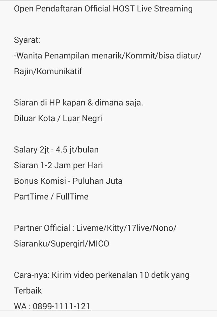 Satu Agency Job Info Na Twitteru Open Pendaftaran Host Live Streaming Siaran Drbhp Kapan Dimana Aja Ada Gaji Dan Bonusnya Looh Wa 08991111121