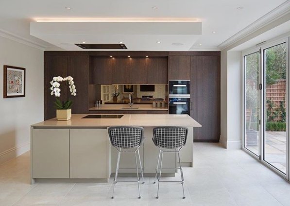 Love everything about this kitchen - the light, the wood grain mixed with the spray lacquered finish, the bronze antique mirror - EVERYTHING