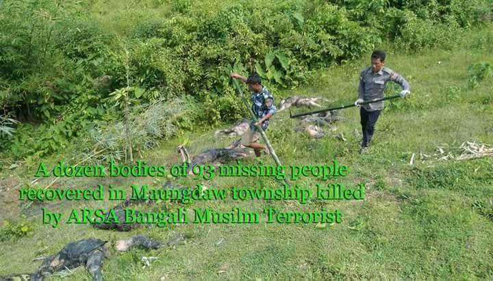 25,9,2017.3:30pm,14 hindus dead bodys found.#ARSA is genociding ethic minority.Myanmar is defending itself,#UN #BURMA #ARSA