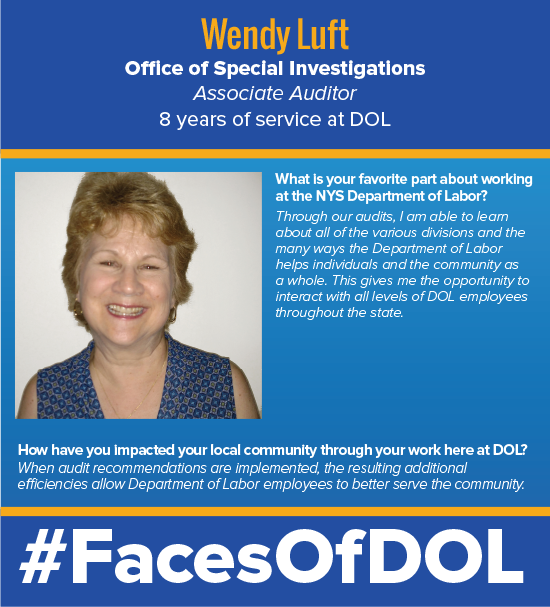 NYSLabor's tweet photo. Happy Monday! Check out our latest #FacesOfDOL nominee, Wendy Luft! https://t.co/U1zIlEnYPm