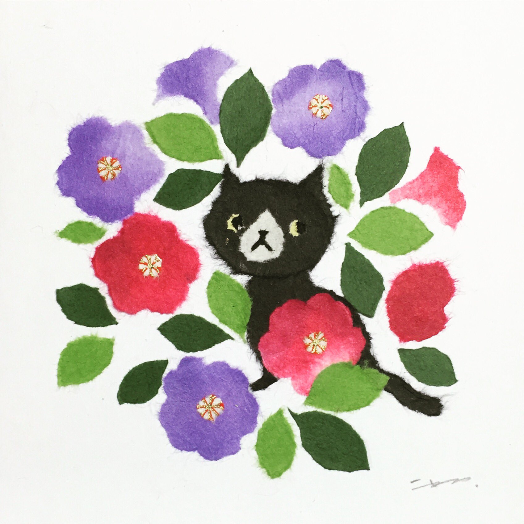 ウメチギリ 4月はじまりカレンダー原画展開催中 9月25日今日の誕生花はペチュニア 花言葉は あなたと一緒なら心がやわらぐ 心のやすらぎ あぁ ネコを抱きたい季節です ちぎり絵 ウメチギリ ひとふでちぎり 和紙 Washi Chigirie Paperart