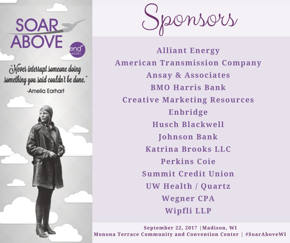 endabuseWI's tweet photo. Thank You @JohnsonBank @KBrooksLLC @PerkinsCoieLLP @uwhealth @QuartzBenefits @SummitDoMore @WegnerCPAs @Wipfli_LLP #SoarAboveWI #EndAbuse https://t.co/hdaGEz7mcS