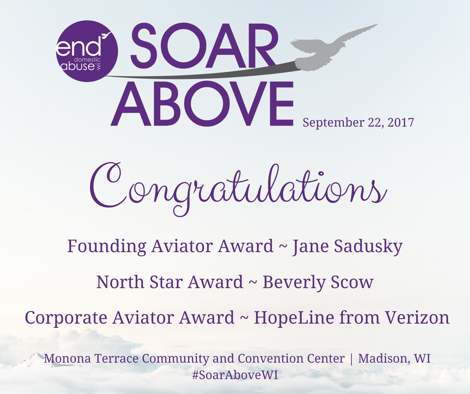 endabuseWI's tweet photo. Congrats (again) to our #SoarAboveWI Award Recipients Jane Sadusky, Beverly Scow and @HopeLineVerizon. #EndAbuse #DomesticViolence https://t.co/9RAPq4uLwf