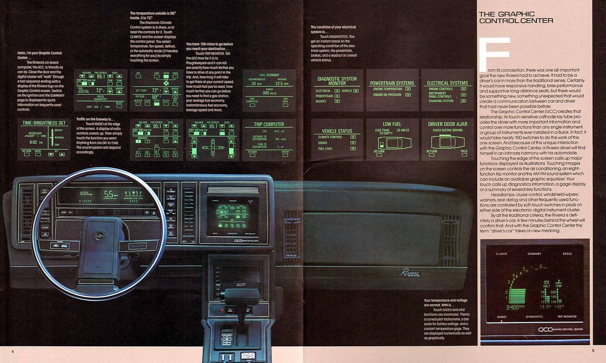 luiskamino's tweet photo. the first touchscreen ever to be fitted in a car, AFAIK: behold, the 1989 Buick Riviera "Graphic Control Center" https://t.co/8UVYU5UNVa https://t.co/T0d96sQY2w
