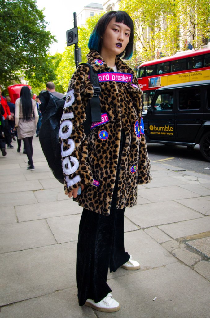 phluxphotouk's tweet photo. Kefan Wang matches pout &amp; patches 😘 #Omelya Coat, #Cheapmonday trouser, #PUMA trainer, #adidas bag #LFW #StreetStyle https://t.co/xPhZYpsmWP