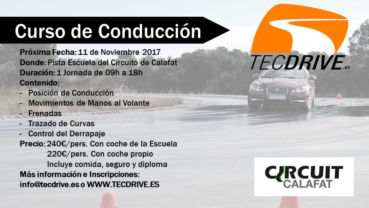 CircuitCalafat's tweet image. Aprende a conducir con #TECDRIVE 
11 de Noviembre 2017 
Información en info@tecdrive.es