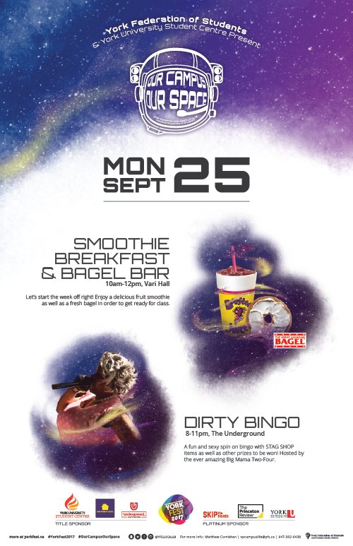 YFSlocal68's tweet photo. Happy Monday#yorku! We're kicking off #YorkFest2017 with a bagel &amp; smoothie breakfast in Vari Hall  at 10am this morning! #ourcampusourspace https://t.co/Fh0oL1LivI
