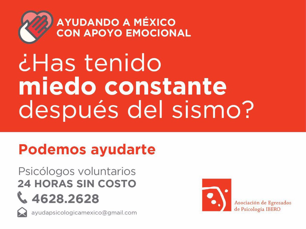 ¿Has tenido miedo constante después del sismo? #verificadoS19 
Aquí hay ayuda 24hrs. sin costo ☎️46282628 ayudapsicológicamexico@gmail.com