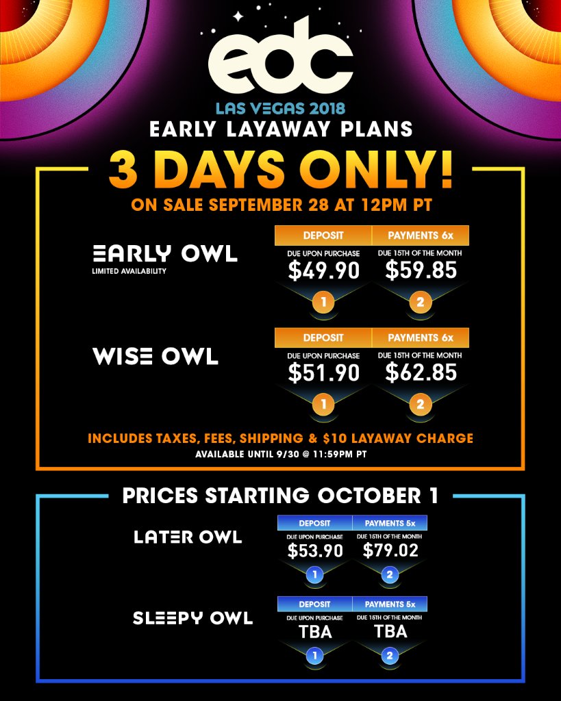 EDC_LasVegas's tweet image. NEW #EDCLV2018 2018 LAYAWAY PLAN! 🙌 

You can reserve your pass for under $50, but you only have 3 days to do it... facebook.com/electricdaisyc…