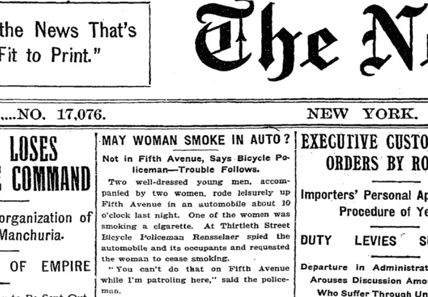 Resultat d'imatges de 1904 A woman is placed under arrest for smoking a cigarette on New York's Fifth Avenue