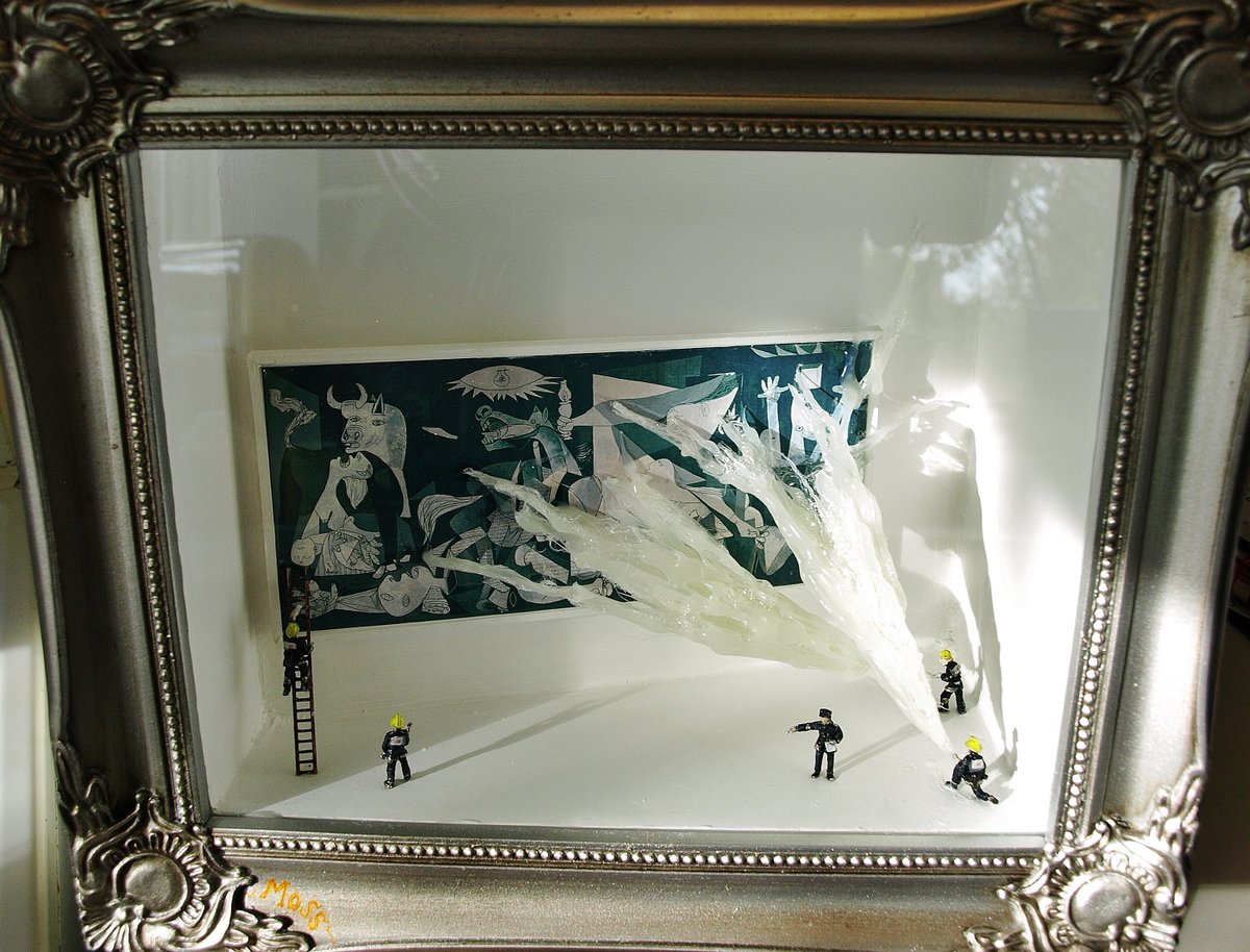 MossCreate's tweet image. 'Pablo's Fire Brigade' by @MossCreate. Magic hoses to stop the fires of war. Sold 2016. #art #picasso #guernica #CivilWar #fire #conceptart