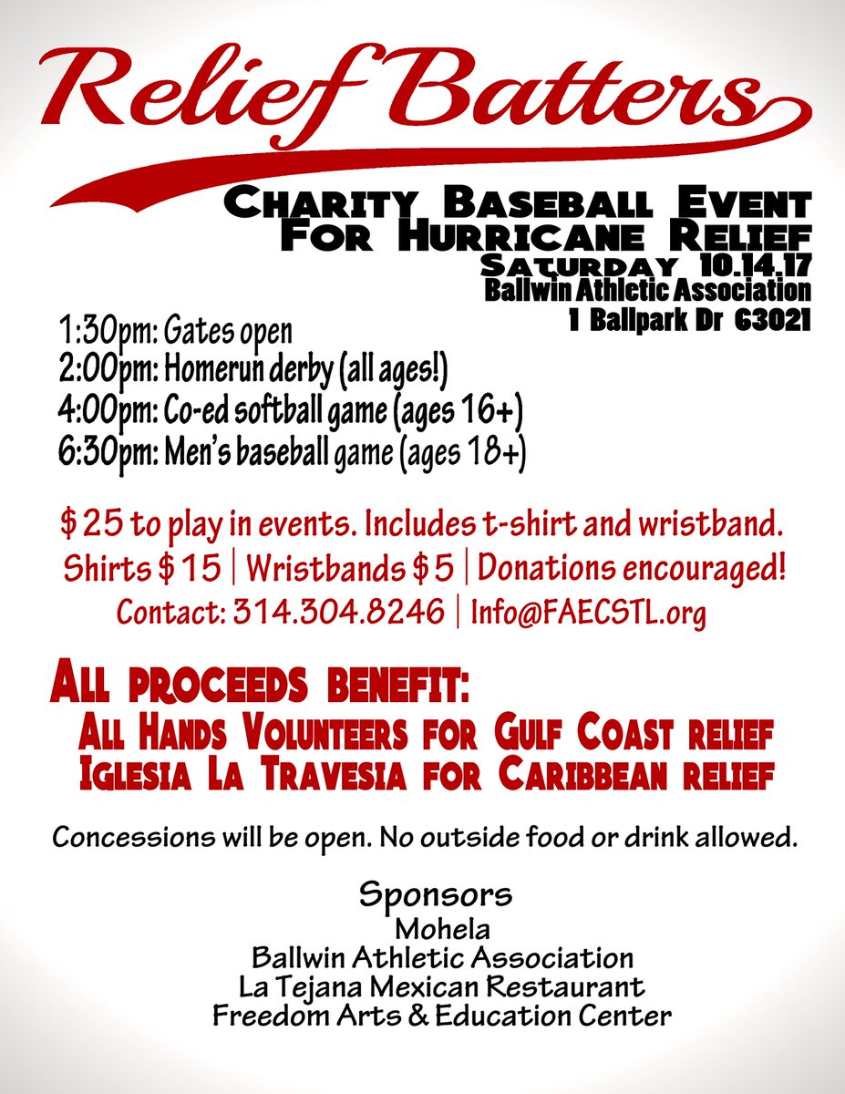 Andrew Gibson (@agstl) on Twitter photo #ReliefBatters
Charity Baseball Event for Hurricane Relief
Oct 14 at <a href="/BallwinAA/">Ballwin Athletic</a> facebook.com/gibsonstl/post… #ReliefBatters
Charity Baseball Event for Hurricane Relief
Oct 14 at <a href="/BallwinAA/">Ballwin Athletic</a> facebook.com/gibsonstl/post…