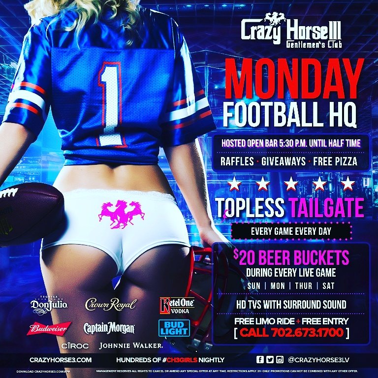 cristitach3lv's tweet photo. #football Join  @crazyhorse3lv's tight ends #toplesstailgate featuring #freepizza, open bar and tons of giveaways! #football #booty #ch3lv https://t.co/ERjvvSd1gu