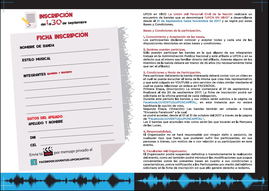 UPCN en Vivo.
Si tenes una Banda Musical no te lo podes perder, anotate.
#SomosTuGremio