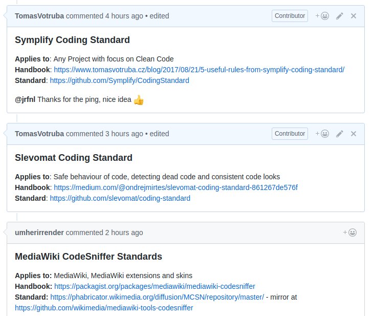 Pehapkari's tweet image. Got any #codingstandard custom set for #php_codesniffer? 🔗 Share it to this issue on Github: github.com/squizlabs/PHP_… 
Beautiful idea ❤️