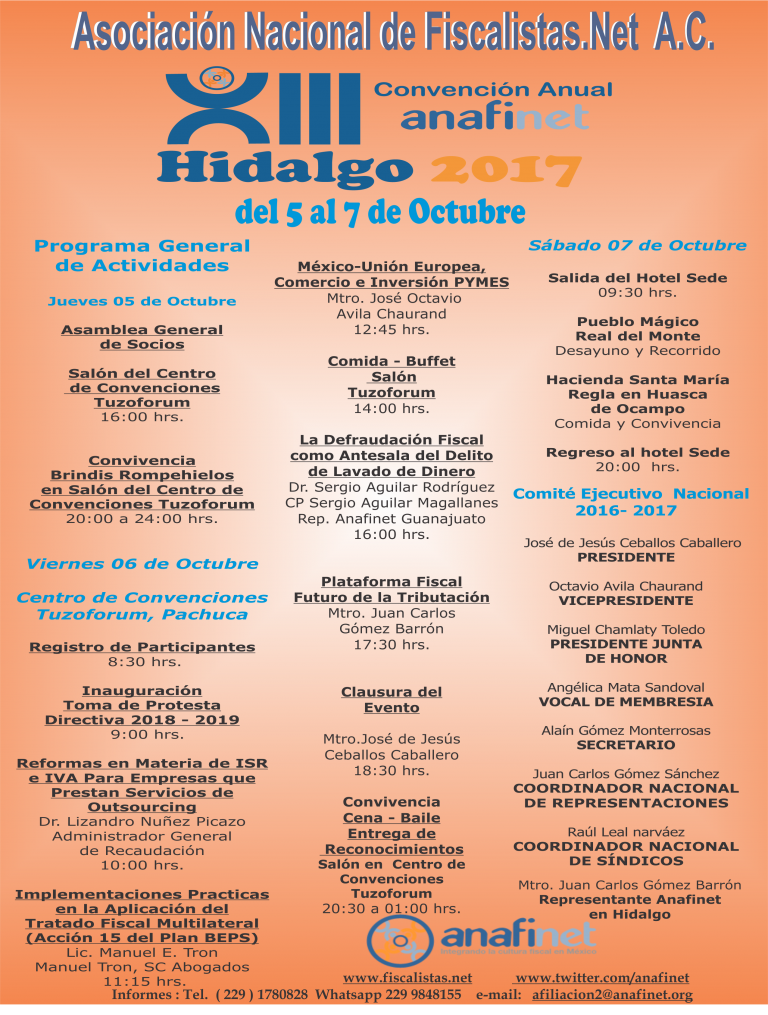 “PROGRAMA DE ACTIVIDADES – CONVENCIÓN ANAFINET 2017 – PACHUCA, HIDALGO
” buff.ly/2xrSwi3 #CPTWITTER #FB