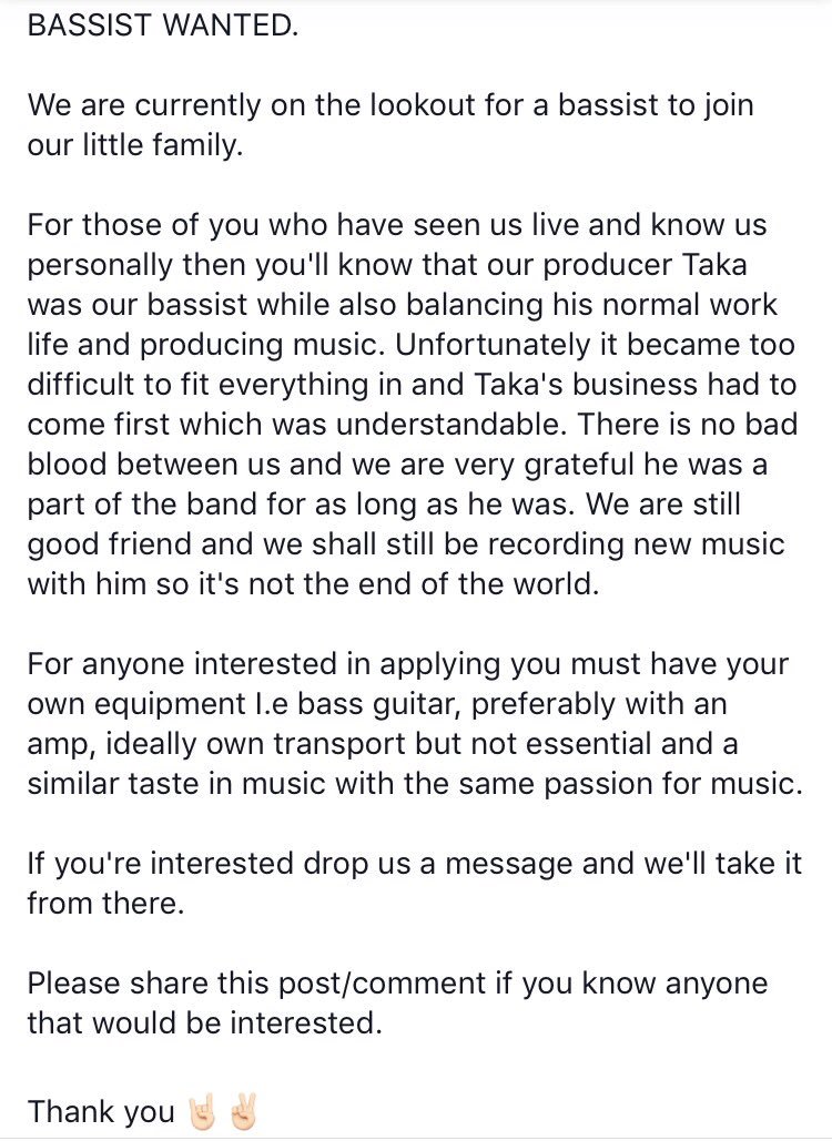 We are on the lookout for a bassist. If you're interested please drop us a message on our FB page. 
#bassistwanted