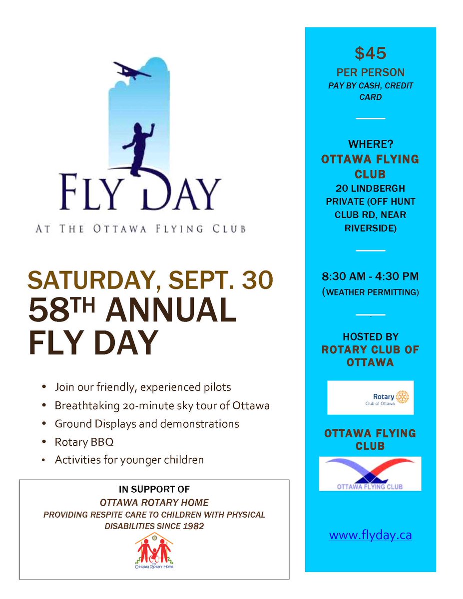 ottawaflyday's tweet image. Fly Day 2017 this Sat Sept 30 @OttFlyingClub come see Ottawa from 2000 feet and help a great cause @RotaryHome #ottawa #yow flyday.ca