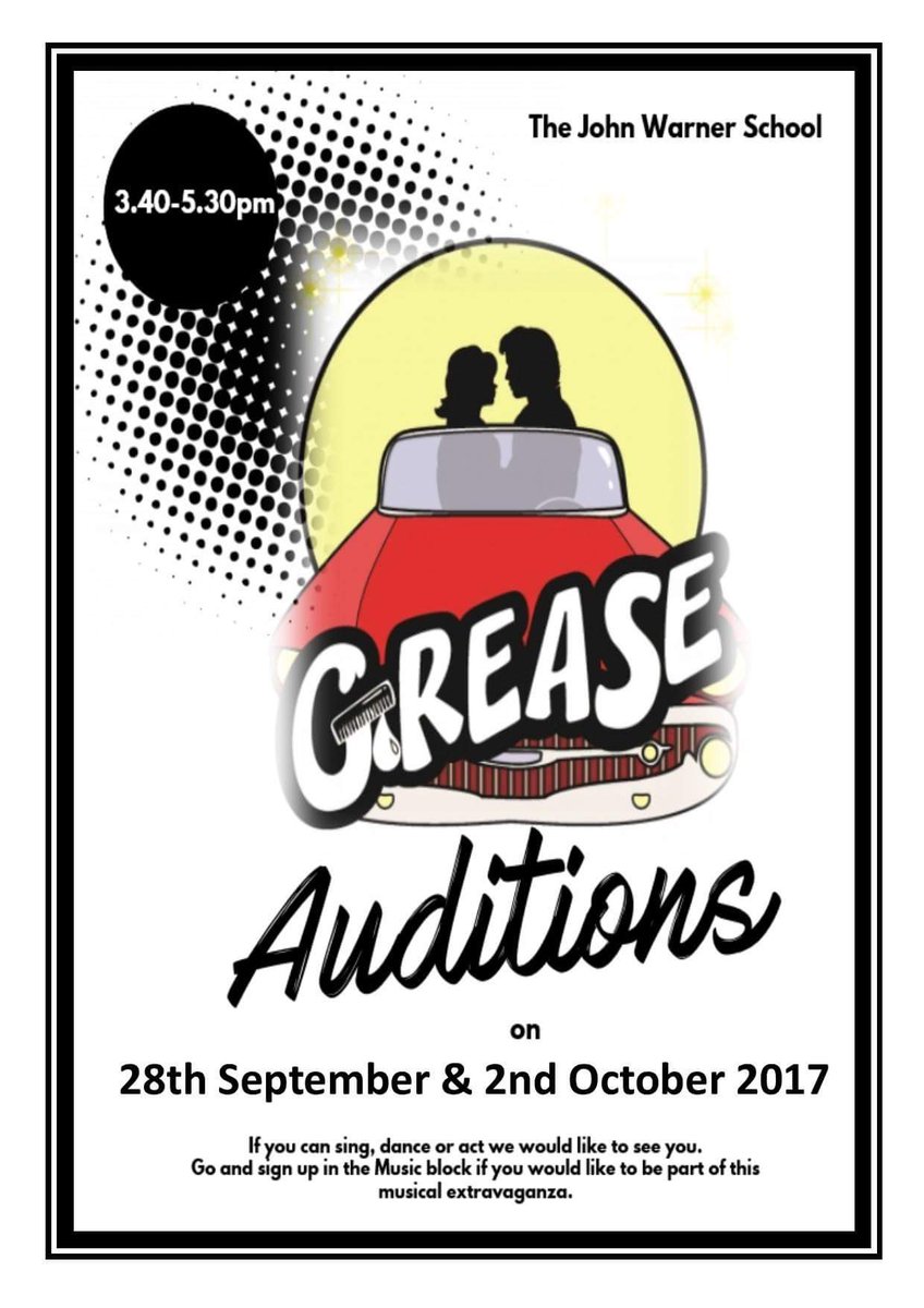 JWSMusicDept's tweet photo. Auditions start tomorrow! Due to popular demand we have added extra auditions on Thursday! Sign-up now! @johnwarnersch #Greaseistheword https://t.co/ZpGm7an2D5