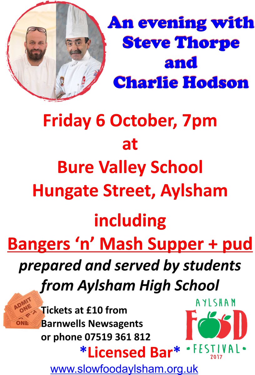 AylshamFoodFestival (@aylshamfoodfest) on Twitter photo Got your tickets for <a href="/aylshamfoodfest/">AylshamFoodFestival</a> 'An Evening with Steve Thorpe and Charlie Hodson'? Just £10 from Barnwells or 07519 361812 Got your tickets for <a href="/aylshamfoodfest/">AylshamFoodFestival</a> 'An Evening with Steve Thorpe and Charlie Hodson'? Just £10 from Barnwells or 07519 361812