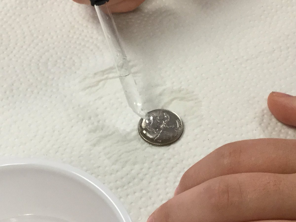 _Miss_Smith_16's tweet photo. @Hoffman_Academy #Room18 testing how many drops of water coins can hold #scientificmethod #HApride #handsonscience https://t.co/C8VMufxJ2R