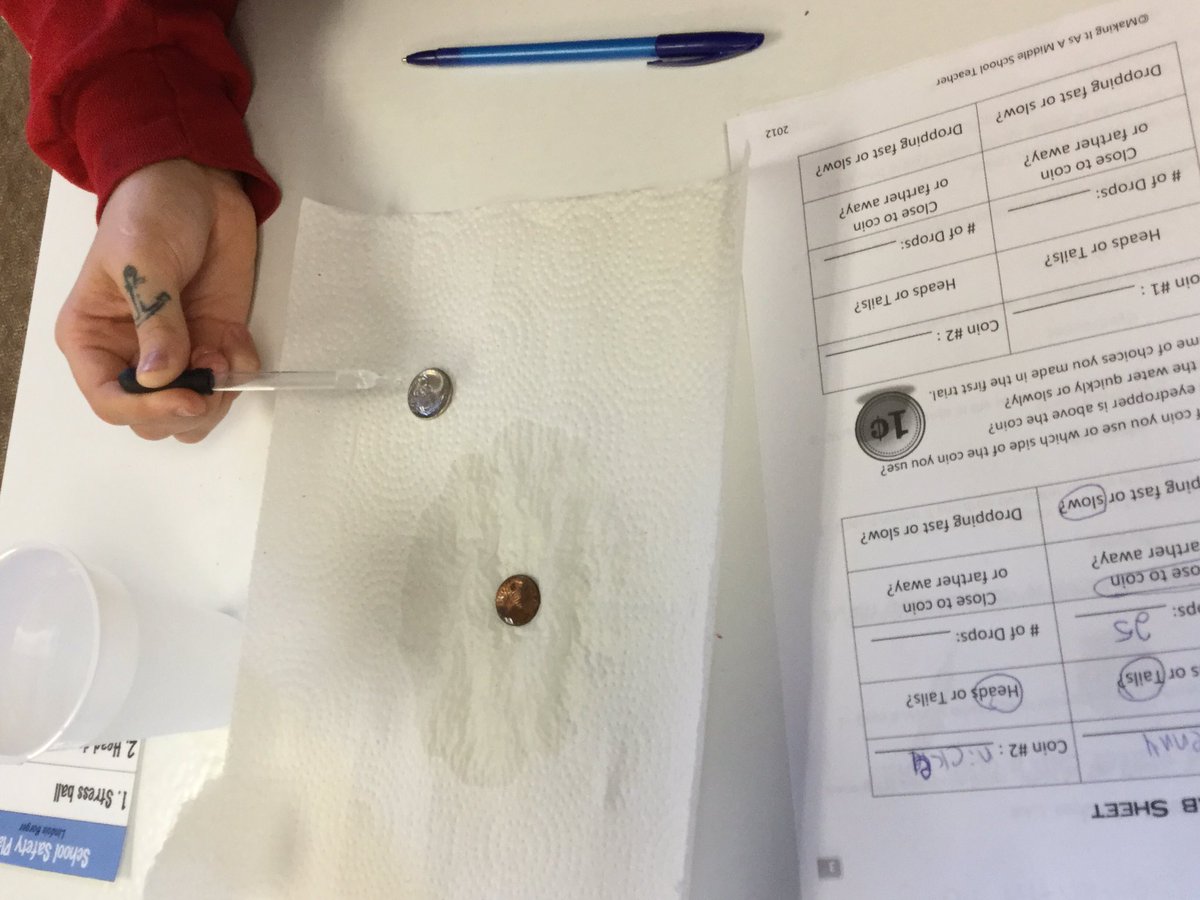 _Miss_Smith_16's tweet photo. @Hoffman_Academy #Room18 testing how many drops of water coins can hold #scientificmethod #HApride #handsonscience https://t.co/C8VMufxJ2R