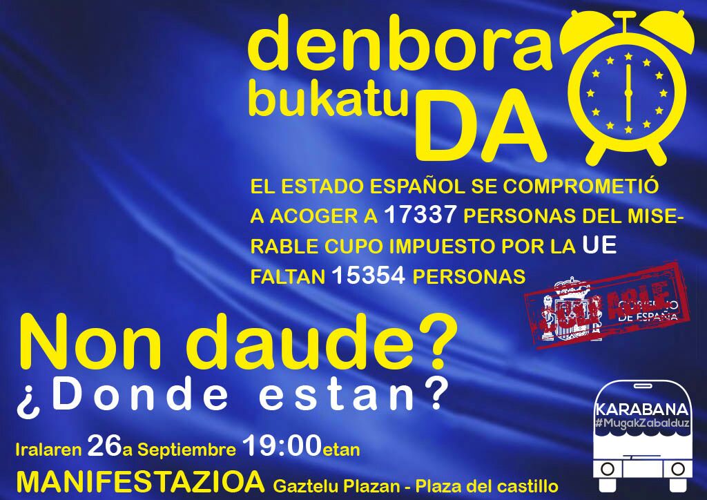Bihar MANIFESTAZIOA
Gaztelu plaza
19:00
Plaza Castillo
MANIFESTACIÓN mañana
denbora bukatu da!
Dónde están?