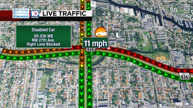 DISABLED CAR: SR-836 WB & NW 27th Ave. A right lane is blocked; expect heavy delays. #TRAFFIC #MIAMI https://t.co/E0yiDQFVyN