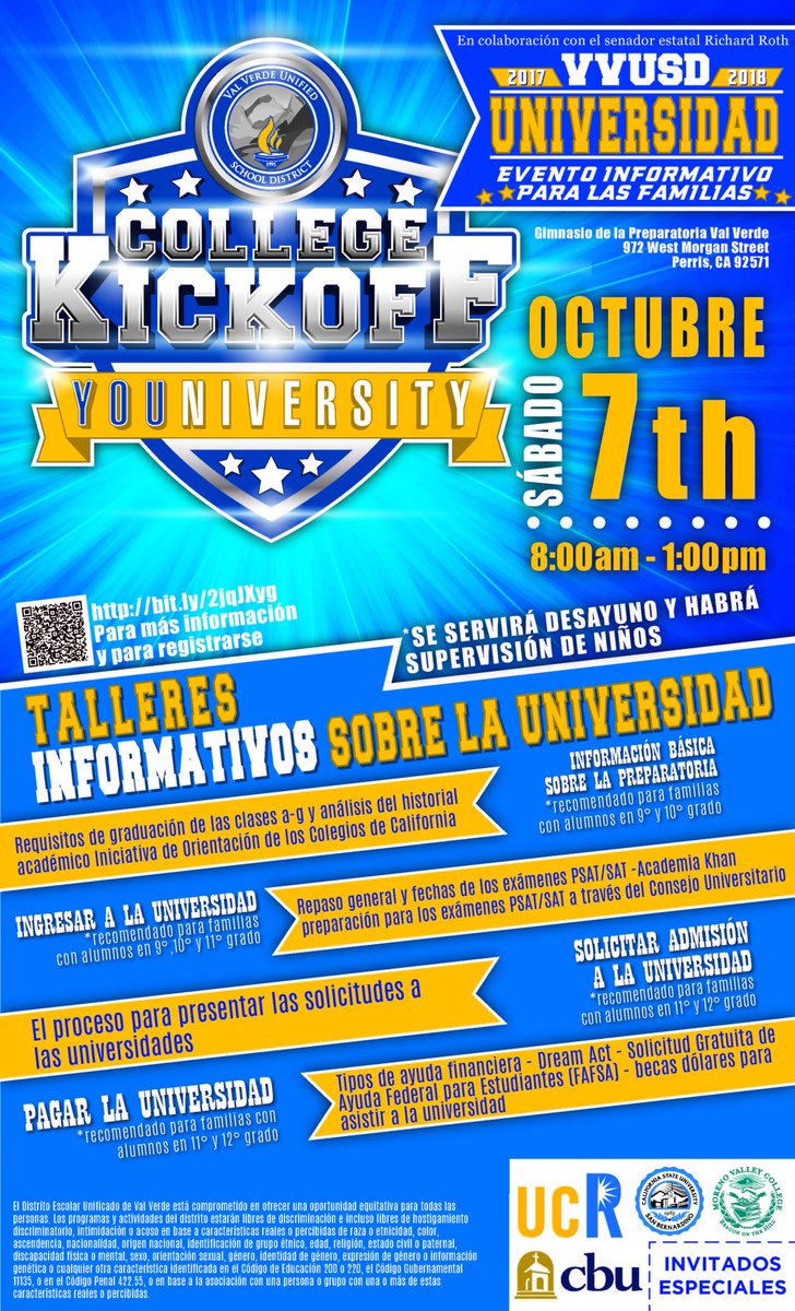 <a href="/ValVerdeUSD/">Val Verde USD</a> Families join us for our 2nd Annual College Kick Off Family Event Saturday, October 7 from 8am - 1pm bit.ly/2jqJXyg