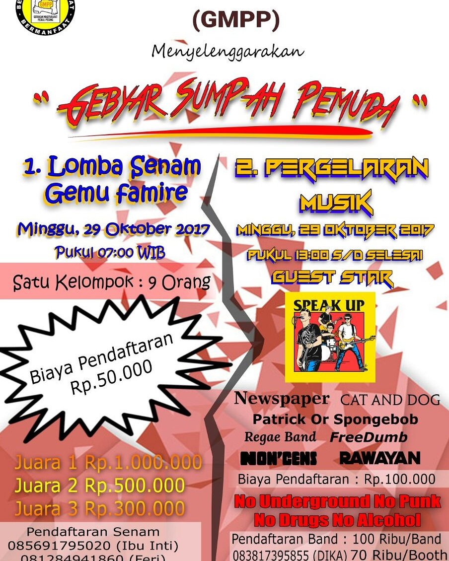 MHviicriHD's tweet photo. "Gebyar Sumpah Pemuda"
Bagi anda yang minat untuk bergabung dan mendaftarkan diri / band ada bisa langsung Hubungi panitia https://t.co/03wQrZ50u2