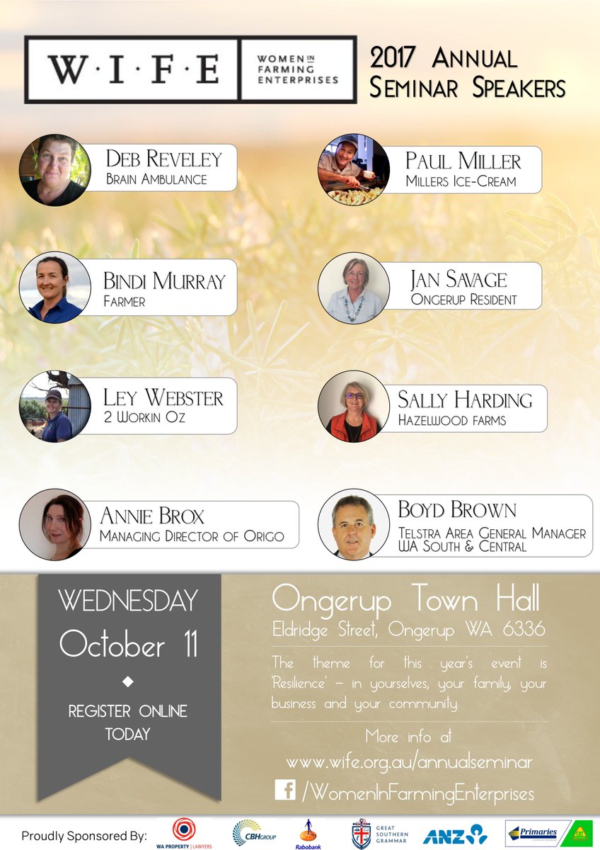 WIFE ANNUAL SEMINAR
Speakers at a glance. For more info, head to
eventbrite.com.au/e/women-in-far…
See you there
#WIFE2017