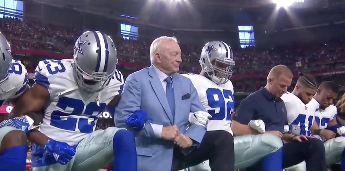FOX4's tweet photo. #DallasCowboys and Jerry Jones briefly kneel before national anthem and then stand arm-in-arm. https://t.co/fbNa6sREUj https://t.co/Xb9eyxrNAG