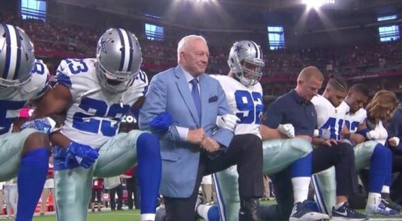 eugenegu's tweet image. Jerry Jones takes the knee in an unexpected act of solidarity. Beautiful moment in history.