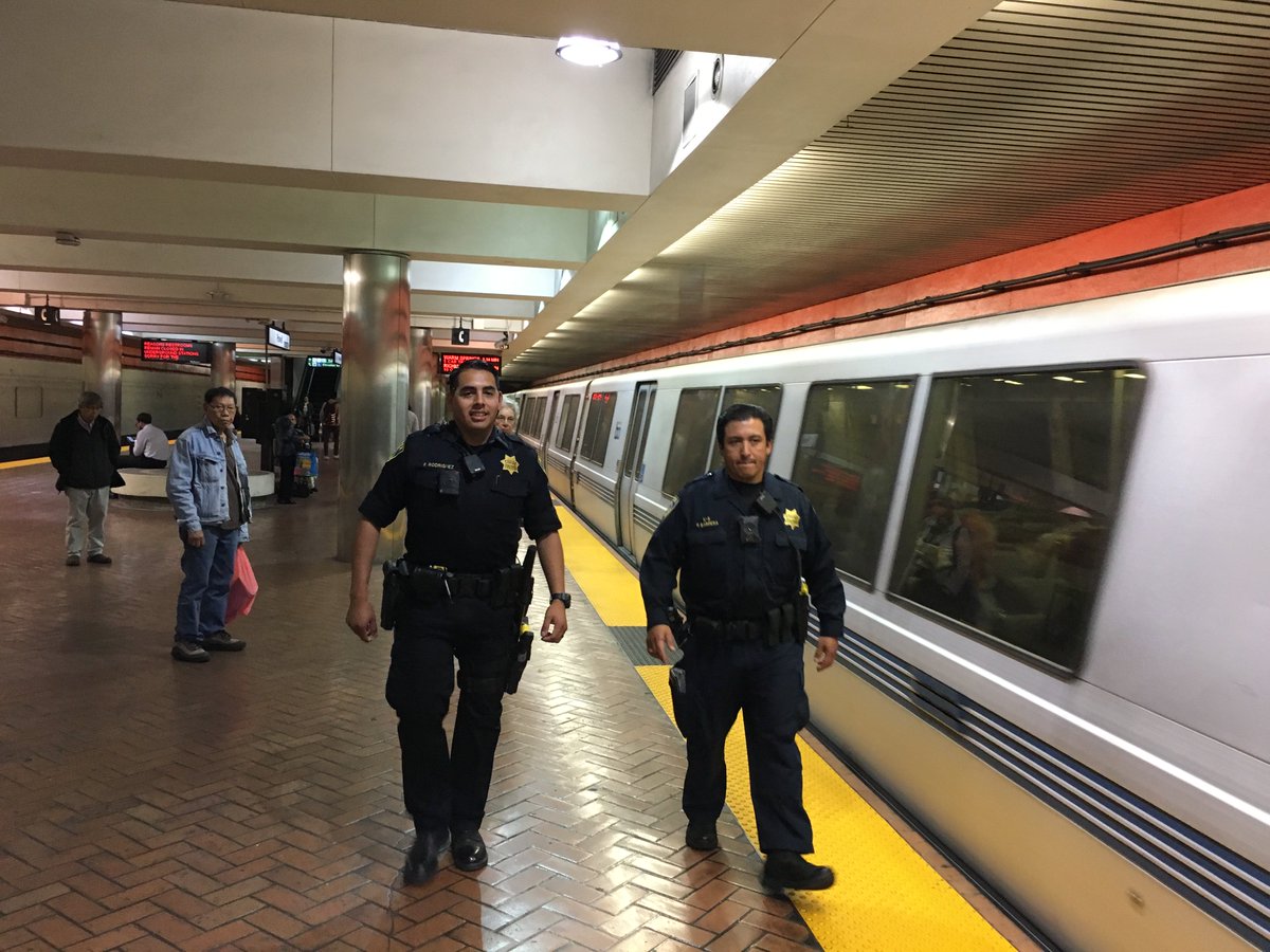 SFBART's tweet photo. BPD on patrol this afternoon at Powell Street Station, providing a visible presence on station platforms. https://t.co/2BA316XBVo