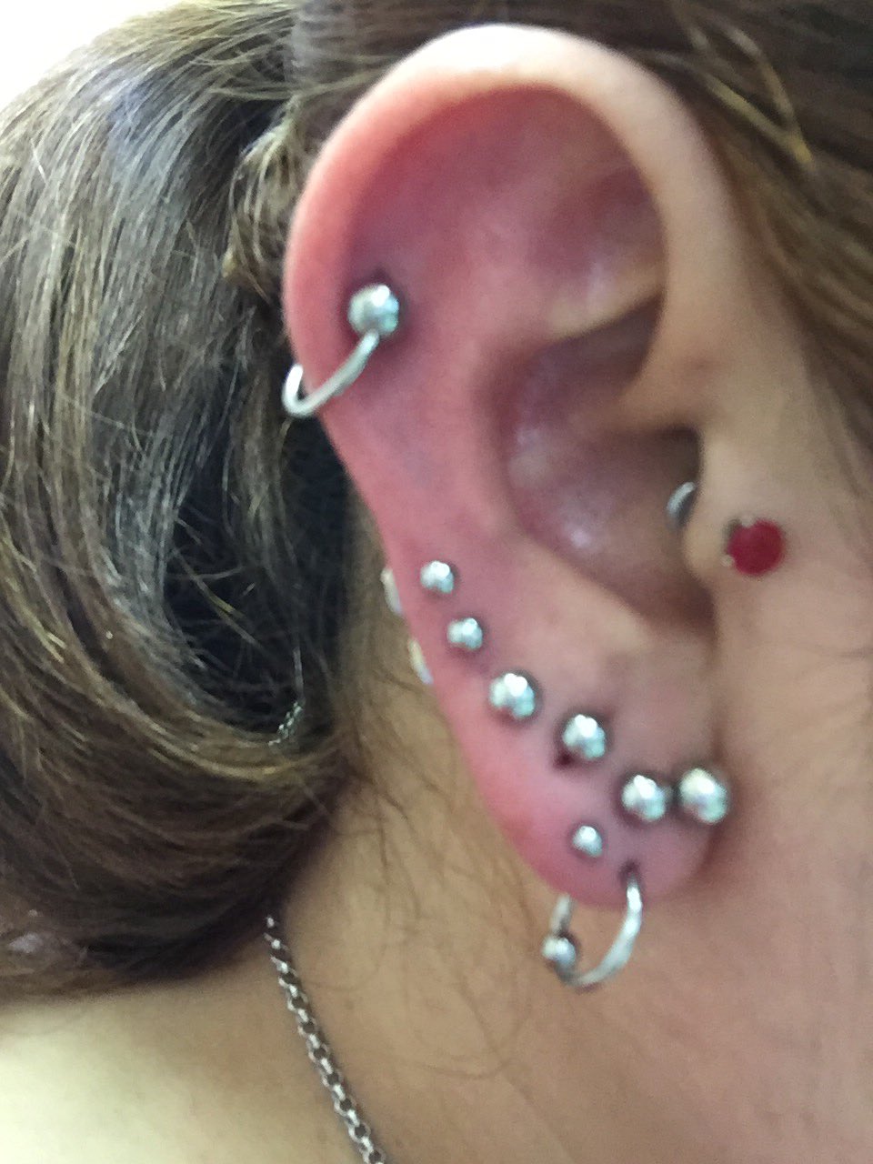 Twitter இல りんニャン ピアス沢山つけてみた 左耳のピアスは黒で統一 一つ開けたてで変えられなかったけど 左耳はシルバーで統一 結構長い間つけていなかった穴でも開いてるもんだね 全部で17個つきました かなりの数の穴は消えたけどこんなもんか