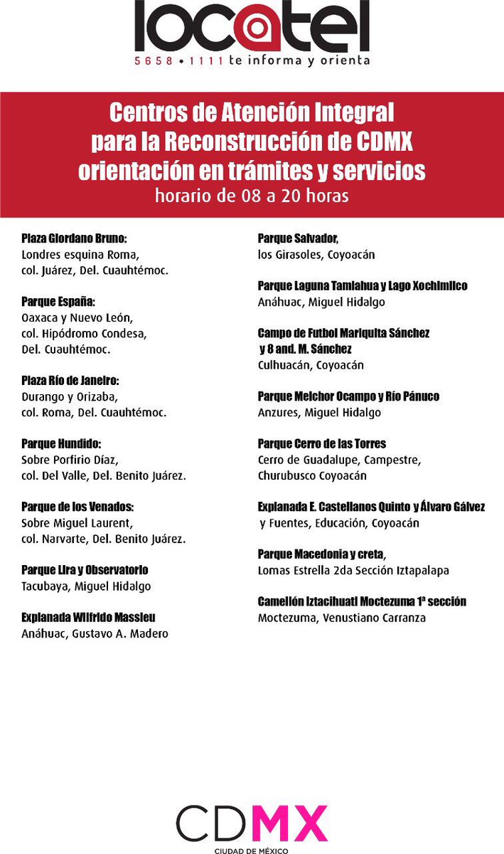 Sumamos 10 de nuevos Centros de Atención Integral para la Reconstrucción de #CDMX, donde 18 dependencias del <a href="/GobCDMX/">Gobierno de la Ciudad de México</a> brindan asesorías #mm