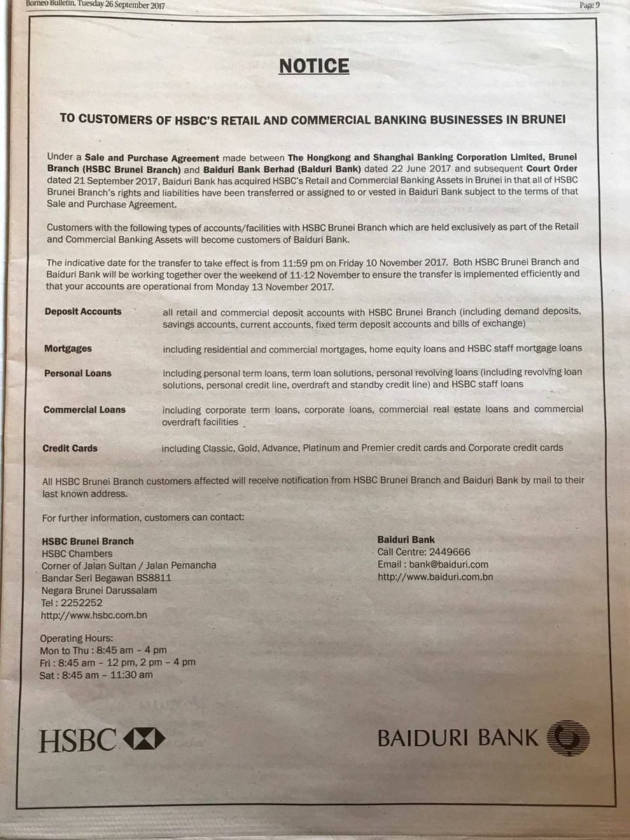 Saveyfox On Twitter Here S The Near Conclusion Of Hsbc Brunei S Fate In The Little Country Services To Be Transferred To Baiduribank Https T Co Phbwmbrpni Https T Co Jmxpw8jkpc Twitter